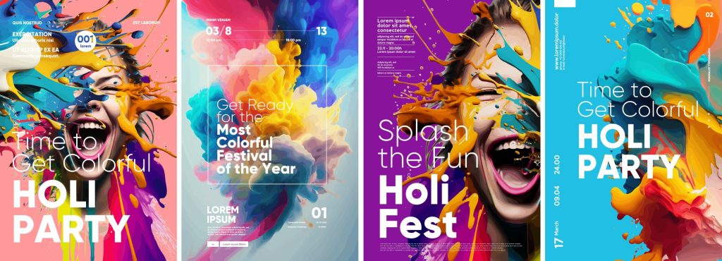 Carteles publicitarios de colores para una fiesta Holi