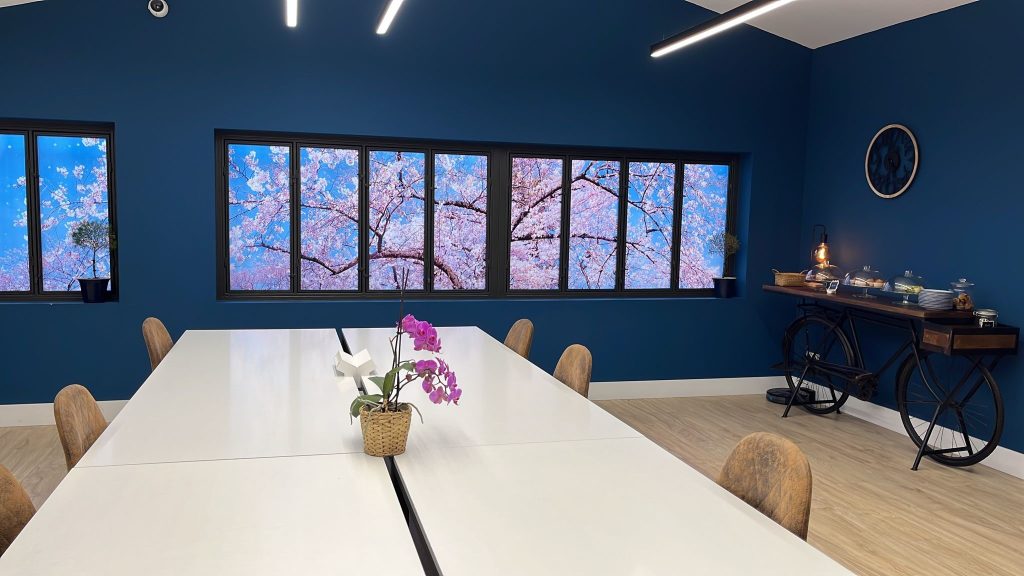 Sala de reuniones azul con cuadros enmarcados en la pared